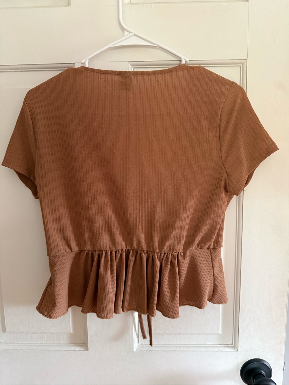Rust Brown Ribbed Tie-Front Ruffle Crop Top - Picture 2 of 3